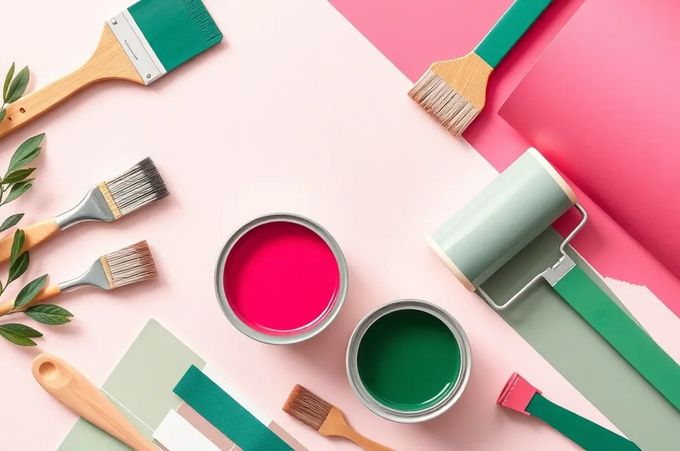Pots de peinture, nuancier, brosses et rouleaux disposés à plat