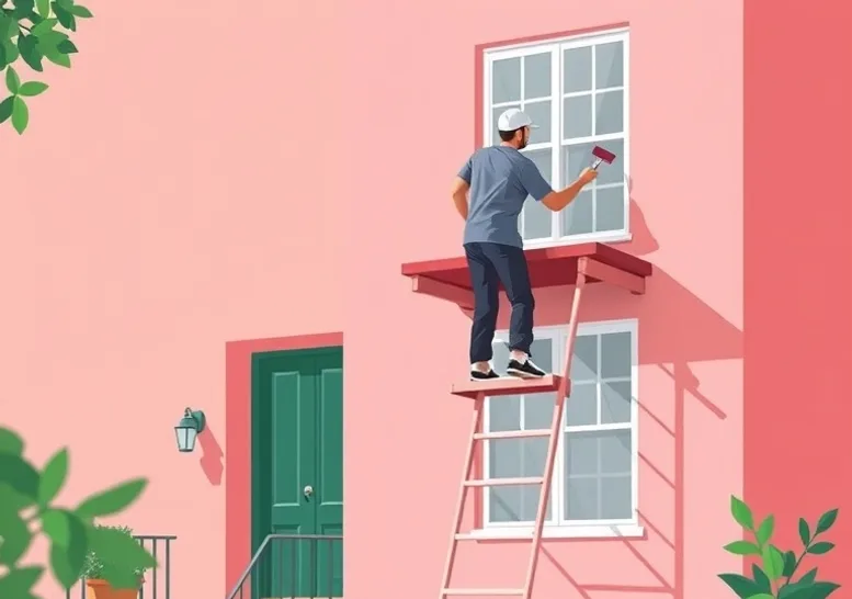 Peintre sur échafaudage traitant la façade d'une maison