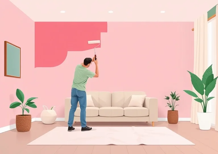 Peintre appliquant la peinture au rouleau sur un mur de salon